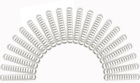 Stainless Steel Compression Springs Set, 20-Piece Assortment, 1.6 Inch Length, 0.22 Inch Outer Diameter, Silver Finish, arranged in a fan shape.