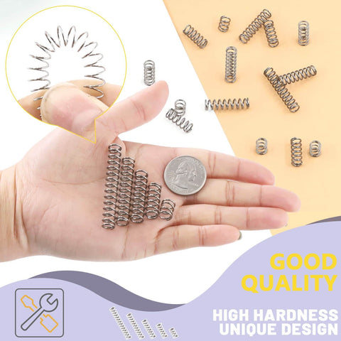 150 Pcs Five Sizes Compression Springs Assortment Kit, Mini Stainless Steel Springs illustrated in a hand for scale