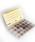 Box of 390 stainless steel mechanical compression springs with multiple compartments and label, displayed in an open case.
