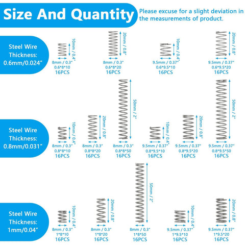 Chart of Stainless Steel Compression Springs Assortment Kit With 240 Pieces In 15 Different Sizes, 16 Pieces Per Size, Easy to use
