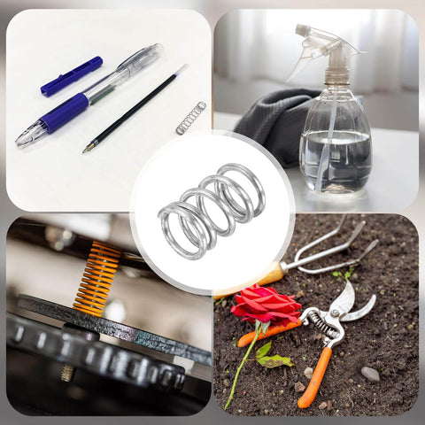 Collage showing Six Pack Beefy Stainless Steel Compression Springs, 1.6mm Wire Diameter, 13mm Outer Diameter, 20mm Length