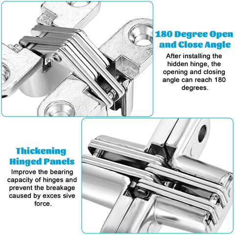 8-pack stainless steel hidden cabinet hinges, 1-3/4 in, 180-degree concealed hinge, close-up collage