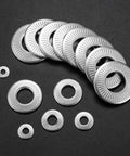 Conical Knurled Spring Washers Set, Stainless Steel, Coned Disc, M3-M12 displayed on black background