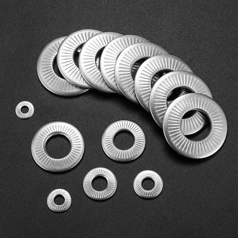 Conical Knurled Spring Washers Set, Stainless Steel, Coned Disc, M3-M12 displayed on black background
