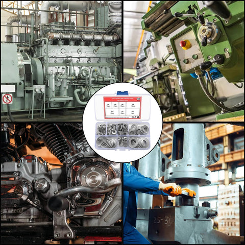 Conical Knurled Spring Washers Set, Stainless Steel, Coned Disc, M3-M12 with machinery applications in background