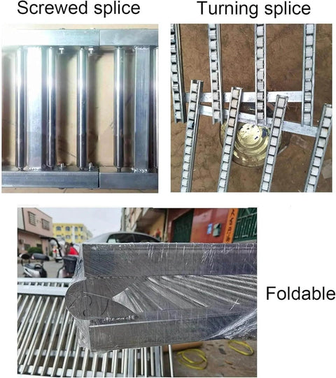 Close-up of Stainless Steel Roller Conveyor Belt For Light Duty Gravity Conveyor Table With ABS Plastic Rollers and frame showing splices and foldable feature.