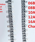 Stainless Steel Short Pitch Plate Conveyor Drive Roller Chain With A1 A2 Attachments displayed flat with model numbers 06B to 16A.