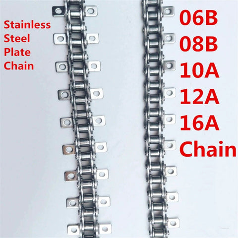 Stainless Steel Short Pitch Plate Conveyor Drive Roller Chain With A1 A2 Attachments displayed flat with model numbers 06B to 16A.