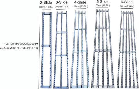 Different sizes of Stainless Steel Roller Conveyor Belt For Light Duty Gravity Conveyor Table with ABS plastic rollers displayed in four sections.