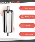 Two Pack Stainless Steel Conveyor Rollers, 2 Inch Diameter By 4 Inch Length, front view with installation benefits listed.