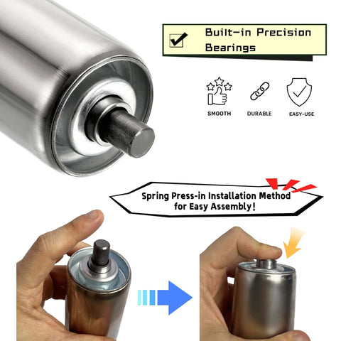 Conveyor Roller 2" Diameter 8" Length, Heavy Duty Stainless Steel Gravity Transmission Replacement Part for Rollers Conveyor, close-up view