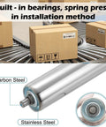 ✝️ Conveyor Roller 2" Diameter 16" Length, Stainless Steel Gravity Transmission Replacement Part Galvanized End, Silver shown with packaging on conveyor belt