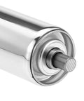 Close-up of a stainless steel conveyor roller with end caps, 2" diameter x 8" length, for roller conveyor systems, silver finish.