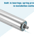 Close-up of stainless steel conveyor roller with galvanized end for assembly lines. Stainless Steel Conveyor Roller 2 Inch Diameter 14 Inch Length Heavy Duty Gravity Transmission Pro Grade Replacement Part With Galvanized End Silver Finish For Assembly Lines Warehouses And Manufacturing.