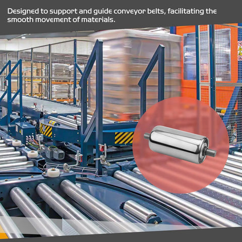 Two Pack Stainless Steel Conveyor Rollers, 2 Inch Diameter By 4 Inch Length, in a warehouse conveyor belt system.