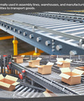 Assembly line with Two Pack Stainless Steel Conveyor Rollers, 2 Inch Diameter By 4 Inch Length, transporting boxes in facility