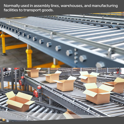 Assembly line with Two Pack Stainless Steel Conveyor Rollers, 2 Inch Diameter By 4 Inch Length, transporting boxes in facility