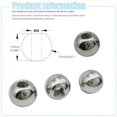 Ten Pack M6 12mm 304 Stainless Steel Ball Coolant Nozzles With Screw Lock For CNC Lathes And Milling Machines shown with dimensions