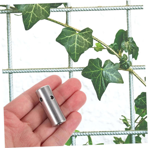Hand holding stainless steel cord clamp with cross head screw for climbing plants and green walls trellis fixing
