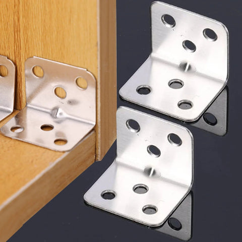10 Pcs Stainless Steel Corner Bracket 90 Degree Right Angle L Bracket with six holes for furniture on black background
