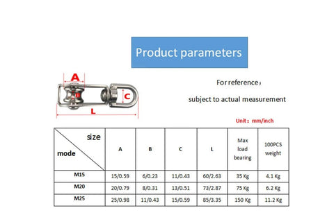 Stainless Steel Wire Rope Crane Pulley Block M15 Lifting Crane Swivel Hook dimensions and specifications chart