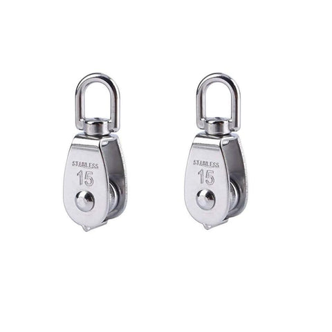 Front view of Stainless Steel Wire Rope Crane Pulley Block M15 Lifting Crane Swivel Hook, single pulley block, metal finish, 6pcs.