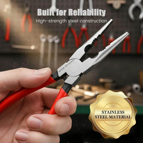 Close-up of Professional Hose Clamp Pliers Kit 4 Pcs Includes Disconnecting Pliers Crimping Pliers Cutting Pliers And Wire Strippers For Tackle Wiring Electrical Repairs Auto Maintenance DIY Car Enthusiasts And Pros highlighted in stainless steel material.