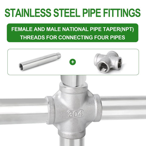 Two Pack Stainless Steel Four Way Pipe Fittings NPT Female Cross For One Half Inch Pipe Connections