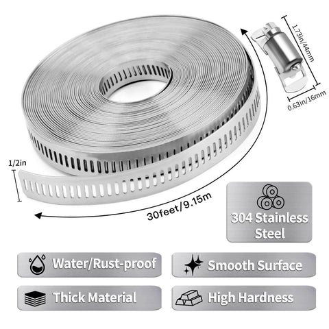 DIY Cut To Fit Hose Clamp Kit With 30 Feet Strap And 30 Fasteners In Stainless Steel Large Worm Gear Band Clamp Assortment