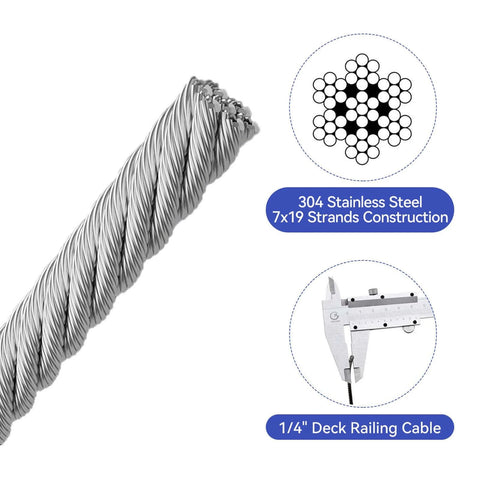 1/4" Stainless Steel Cable,7x19 Strand Aircraft Wire Rope,Cable for Heavy Duty Applications,Outdoor Pulley Cables,Deck Railing