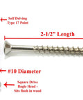 #10 x 2-1/2 Inch Stainless Steel Deck Screws, 18-8 305 Grade Square Drive Screws with Type 17 Wood Cutting Point, Flat Head with Nibs