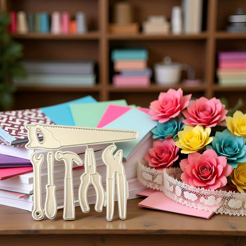 Stainless Steel Die Cutting Dies For Scrapbooking And Card Making on desk with colorful craft papers and artificial flowers