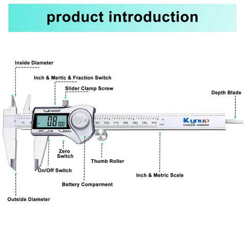 Digital Caliper, Caliper Measuring Tool Outside Micrometer, Vernier Dial Caliper, 6 Inch Caliper DIY Tool diagram with measurements