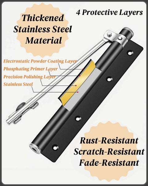 Automatic Door Closer for Home Easy to Install | Safety Spring Door Closers | Auto Soft Close to Convert Hinged Doors to Auto Self Closing | Adjustable Catch Speed | with Arm, Screw, Wrench showing stainless steel material and protective layers.