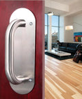 Front view of stainless steel door plate handle heavy duty pull push for indoor outdoor use with oval backplate