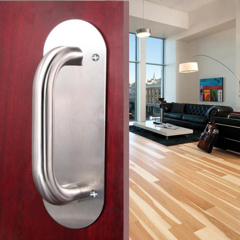 Front view of stainless steel door plate handle heavy duty pull push for indoor outdoor use with oval backplate