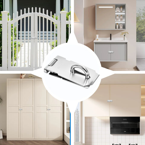 3 Inch Stainless Steel Door Hasp Latch Made From 304 Stainless Steel With Extra Thick Brushed Finish shown securing various doors.