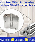 Stainless Steel Exterior Door Hinges With Ball Bearing Three Point Five Inch By Three Point Five Inch Heavy Duty Hinges Five Eighths Radius Corners For Interior Exterior Use Brushed Nickel Finish Rust Proof And Quiet Operation displayed in room setting with close-up on hinge