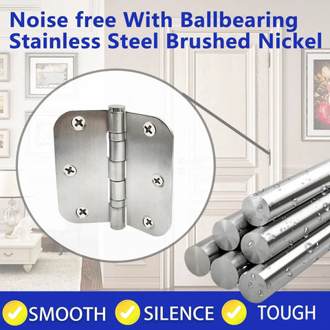 Stainless Steel Exterior Door Hinges With Ball Bearing Three Point Five Inch By Three Point Five Inch Heavy Duty Hinges Five Eighths Radius Corners For Interior Exterior Use Brushed Nickel Finish Rust Proof And Quiet Operation displayed in room setting with close-up on hinge