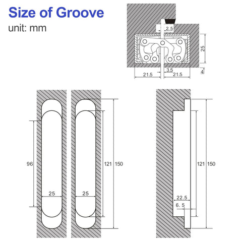 XMZ-DDUP 6-inch stainless steel hidden door hinges, black finish; technical drawings with groove dimensions.