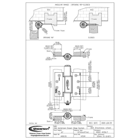 Technical drawing of self-closing 4-inch door hinges with built-in closer, 3-pack, UL listed fire-rated stainless steel matte black finish.
