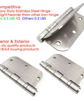 Stainless Steel Exterior Door Hinges With Ball Bearing Three Point Five Inch By Three Point Five Inch Heavy Duty Hinges Five Eighths Radius Corners For Interior Exterior Use Brushed Nickel Finish Rust Proof And Quiet Operation