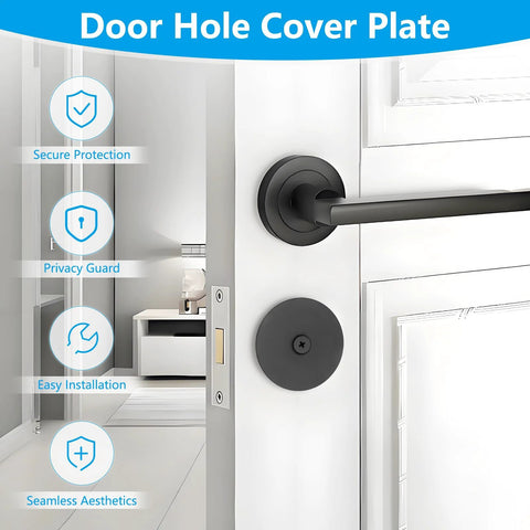 Premium stainless steel door hole cover plates guard entry doors from tampering, conceal unused deadbolt hardware, and boost security, privacy, and curb appeal with two sturdy, easy to install plates that include screws visible on a door.