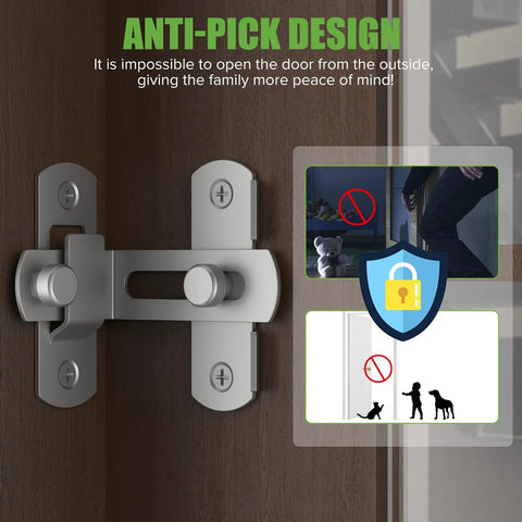 90 Degree Bifold Flip Door Latch In Stainless Steel 304 installed, showing anti-pick design for security on barn or bathroom doors.
