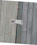 Stainless steel heavy-duty door latch hasp mounted on a weathered wooden deck; marine-grade boat hardware.