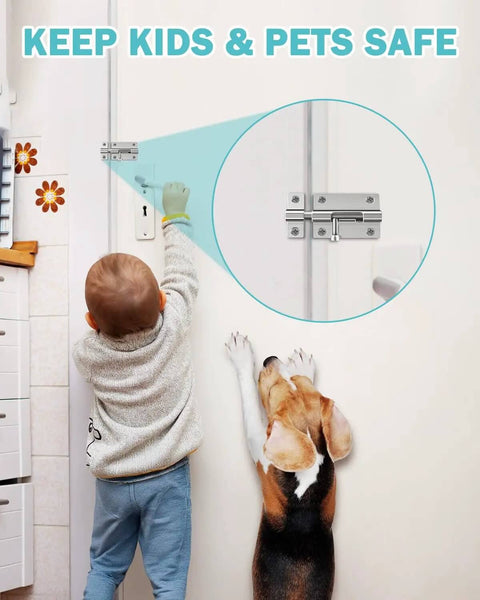 Child and dog near door with heavy duty stainless steel sliding bolt latch set two pack thickened brushed finish door lock.