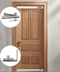 Heavy Duty Stainless Steel Wood Door Pivot Hinges Built Tough With 180 Degree Rotation Adjustable Swing Mount L Shape Design installed on a wood door.