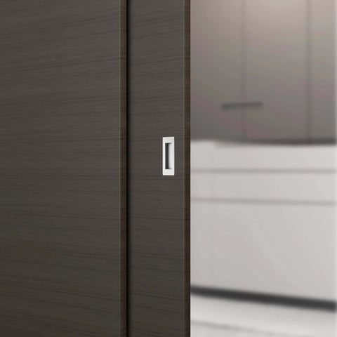 6 Inch Recessed Finger Flush Pulls For Pocket Doors Sliding Doors Closets And Barn Doors Hardware In Brushed Nickel Silver Made From 304 Stainless Steel With Moisture Proof And Rust Resistant Construction, Wear Resistant, Heavy Duty And Durable, 2 Pack installed on a dark wood sliding door.
