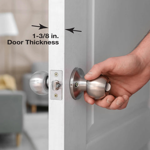 Stainless steel door reinforcement plate adds durable latch-area protection for 1-3/8 inch doors, installed view.