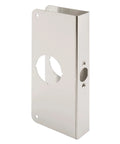 Stainless steel door reinforcement plate adds durable latch-area protection for 1-3/8 inch doors, showing front view with bore hole.